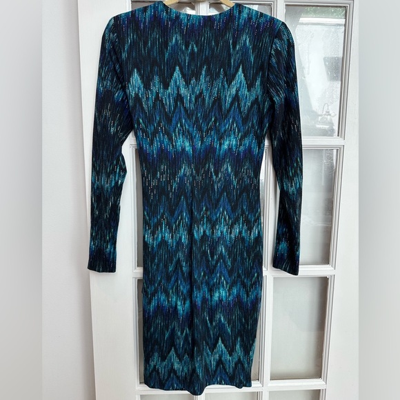 Vintage Cache Teal Gold Blue Knit Faux Wrap Midi Dress Women’s Size Medium M Med - Picture 6 of 13